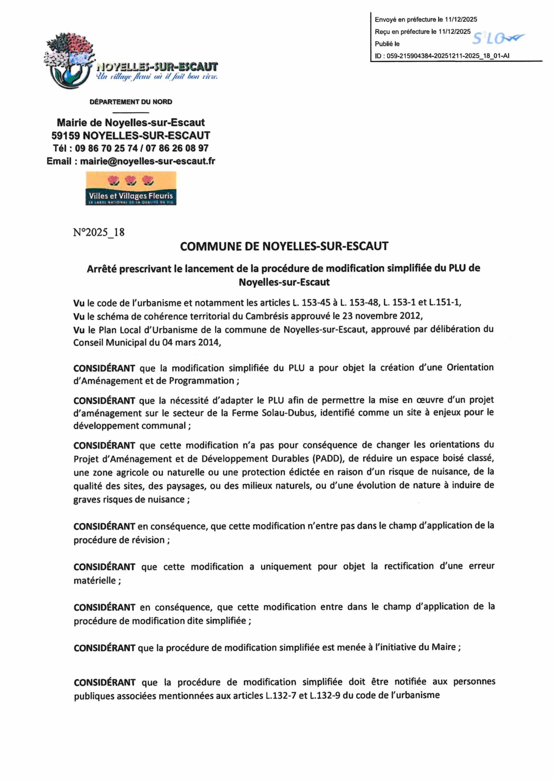 arrêté prescrivant le lancement de la procédure de modification simplifiée du PLU