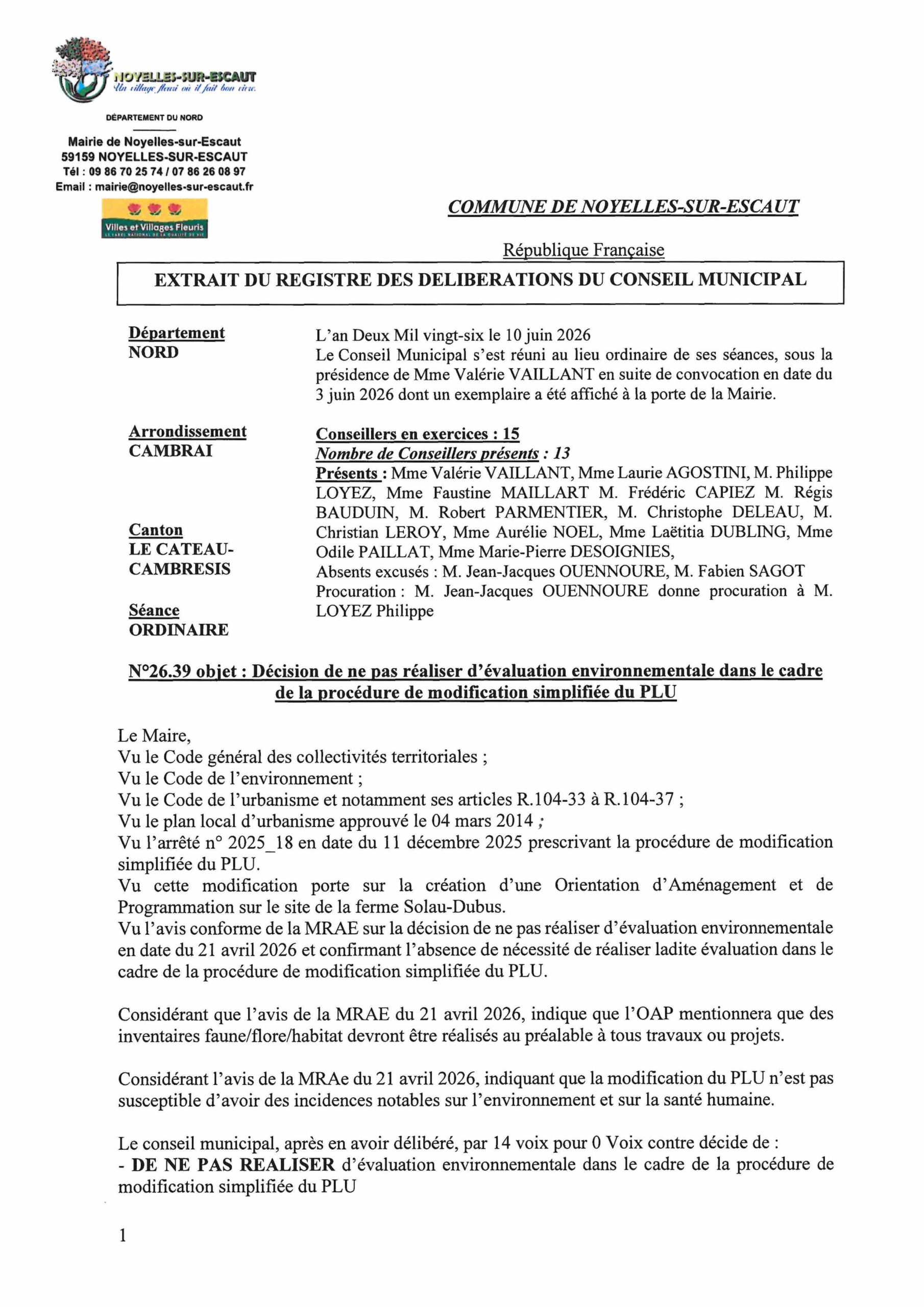 délibération 26.39 du 10 juin 2026 decision de ne pas réaliser d'évaluation