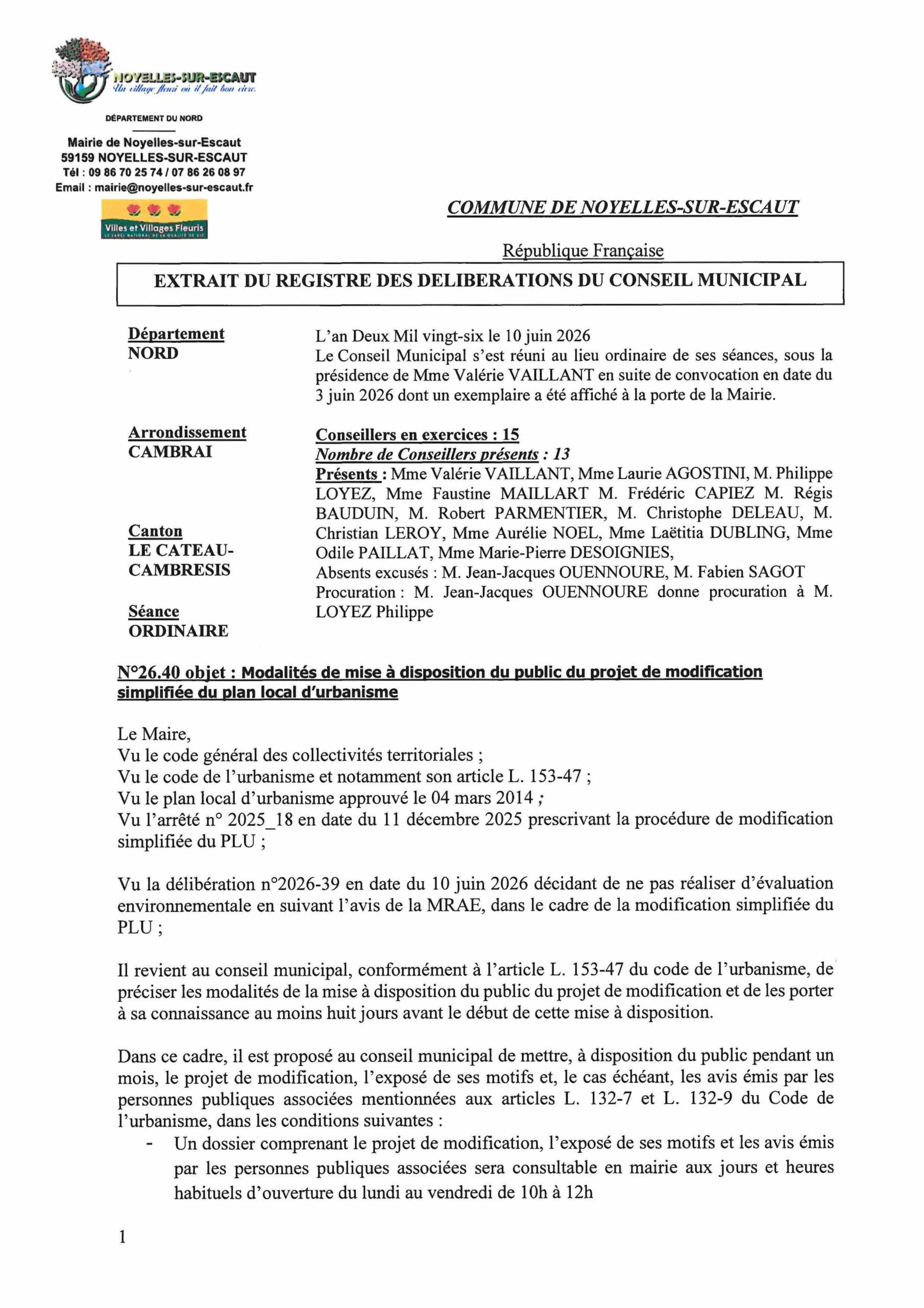 délibération 26.40 du 10 juin 2026 Modalités de mise à disposition du public